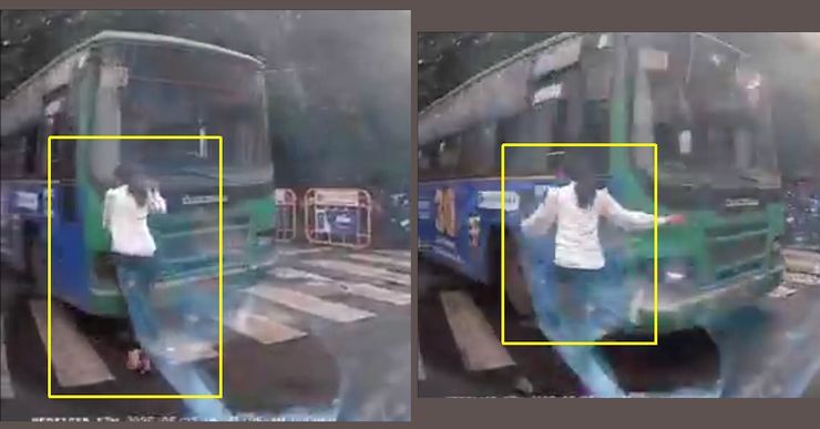 bus narrowly misses woman