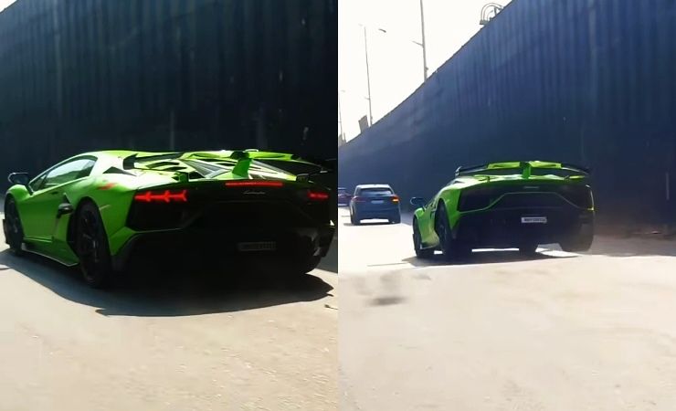 lamborghini aventador svj jumping over a breaker