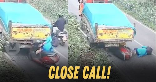 woman on scooter escapes getting crushed by dumper truck
