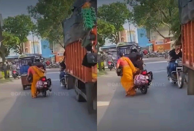wife jumps off bike on road