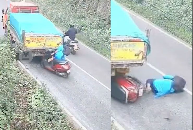 woman on scooter escapes getting crushed by dumper truck