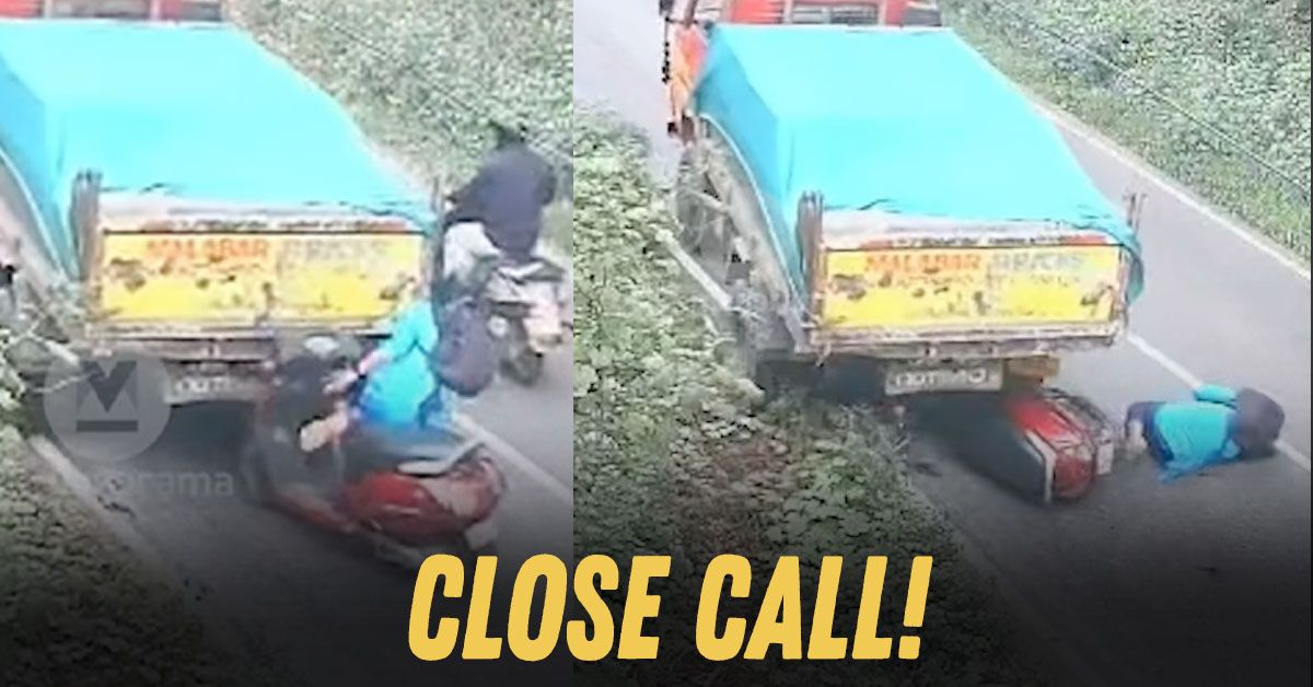 woman on scooter escapes getting crushed by dumper truck