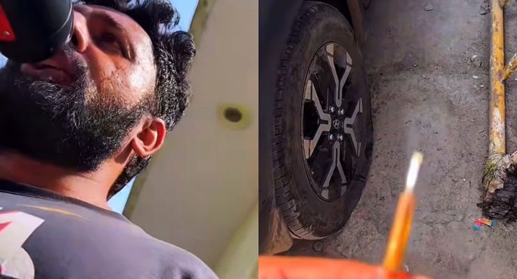rajat dalal punctures tyre of car with screwdriver