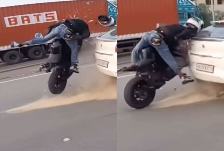 biker crashes into maruti baleno