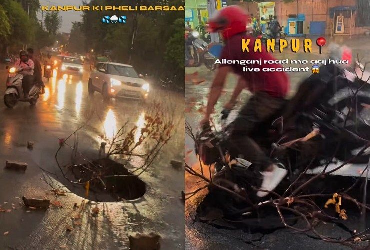 biker falls in sinkhole kanpur