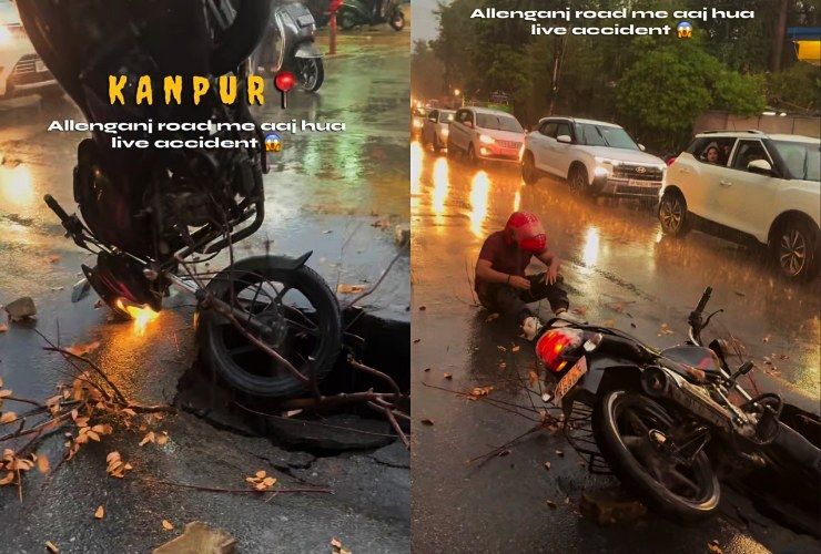 biker falls in sinkhole kanpur