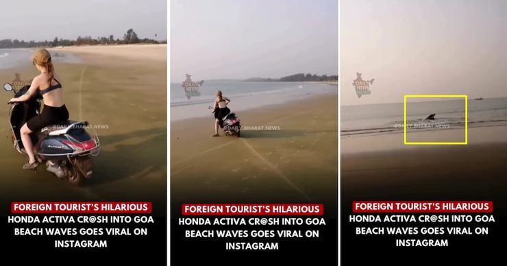 foreign tourist rides scooter and falls into beach