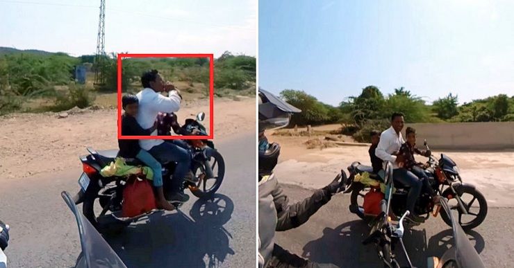 man with kids drinking while riding