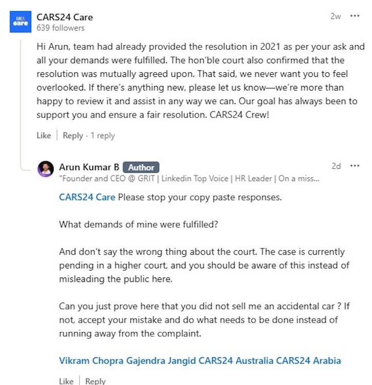 Cars24's Response To CEO Arun's Complaint About Accident Volkswagen Polo