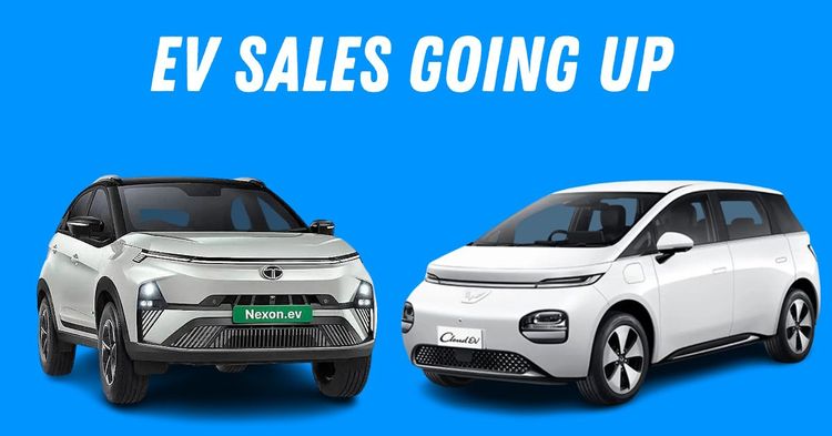 Tata Nexon EV and MG Windsor EV against blue background and text about rising sales Tata Nexon EV and MG Windsor EV against blue background and text about rising sales