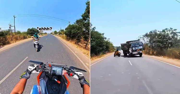 woman almost crashes into KTM and truck woman almost crashes into KTM and truck
