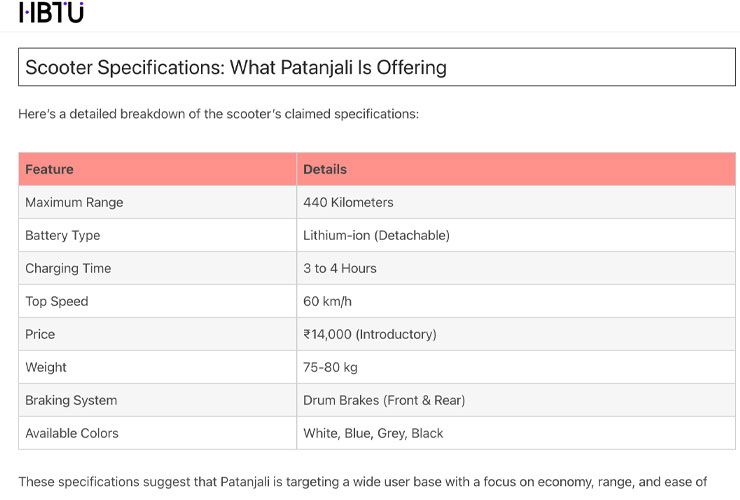 patanjali electric scooter specifications