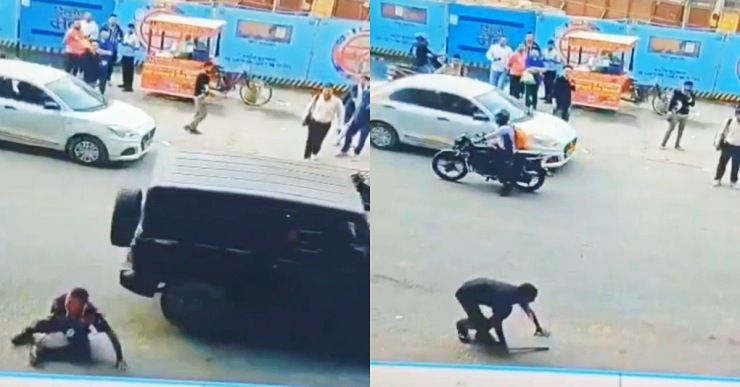 security guard stands up after getting crushed by thar