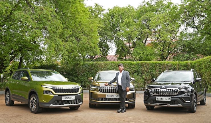 skoda's ashish gupta with kylaq, kushaq and kodiaq suvs