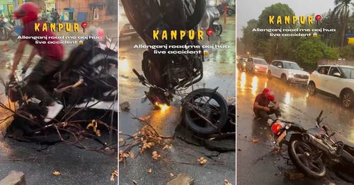 biker falls in sinkhole kanpur