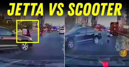 volkswagen jetta crashes into scooter in pune
