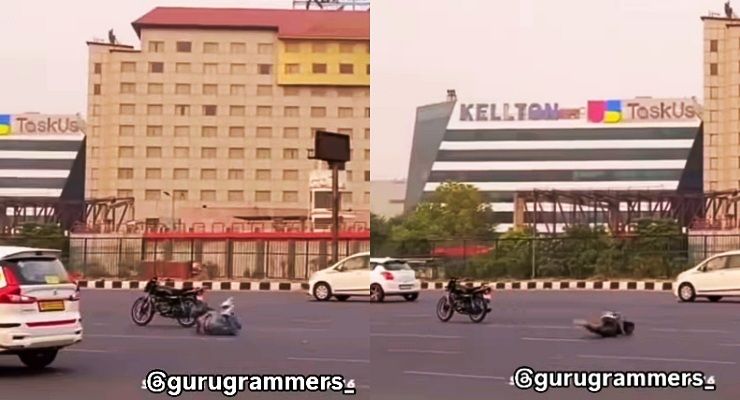 stunt biker falls on road gurgaon hr