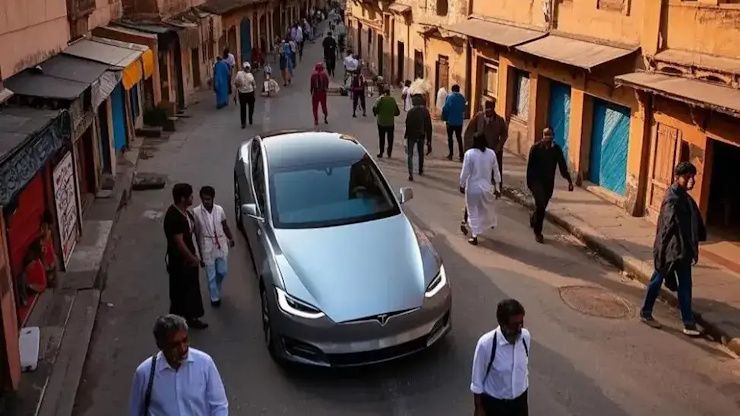 tesla electric car on indian roads