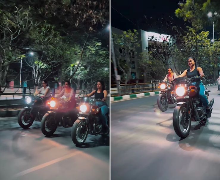 women ride royal enfield twins without helmet